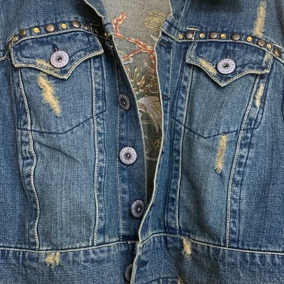 Z. Cavaricci Y2K Denim Blue Jean Bird Embroidery Distressed Button Down Jacket 4 - Picture 5 of 17